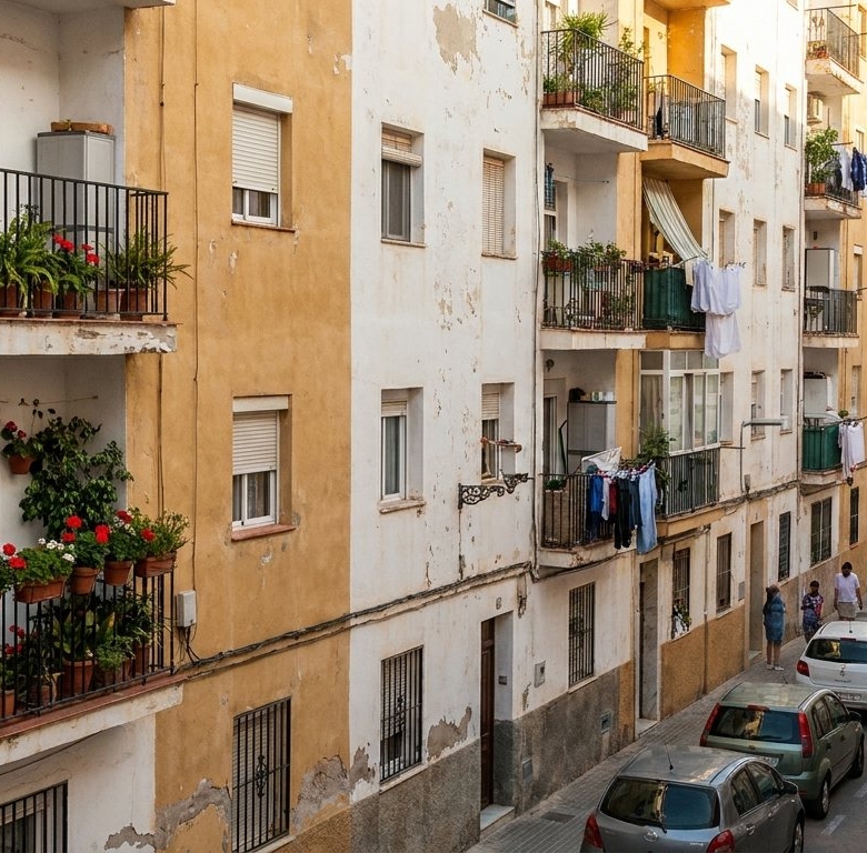 Bloque de viviendas de protección oficial en una calle de un pueblo andaluz
