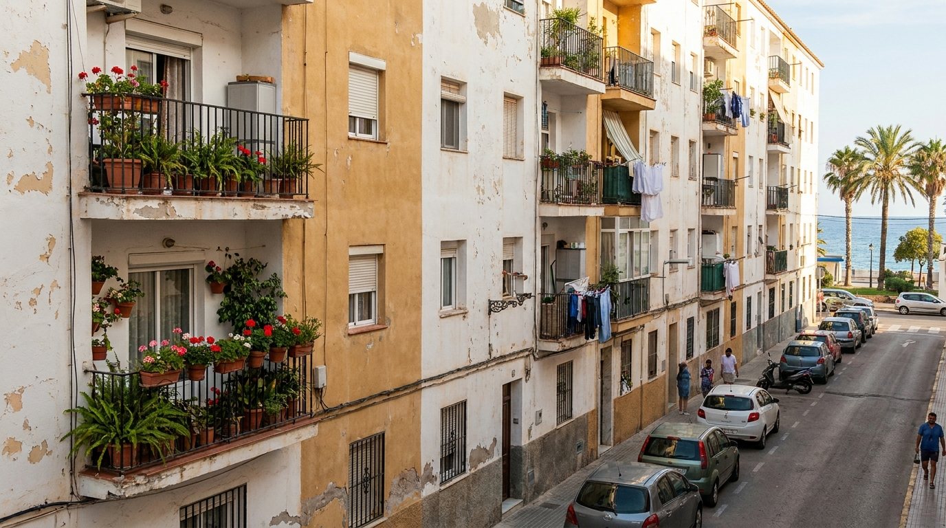 Bloque de viviendas de protección oficial en una calle de un pueblo andaluz