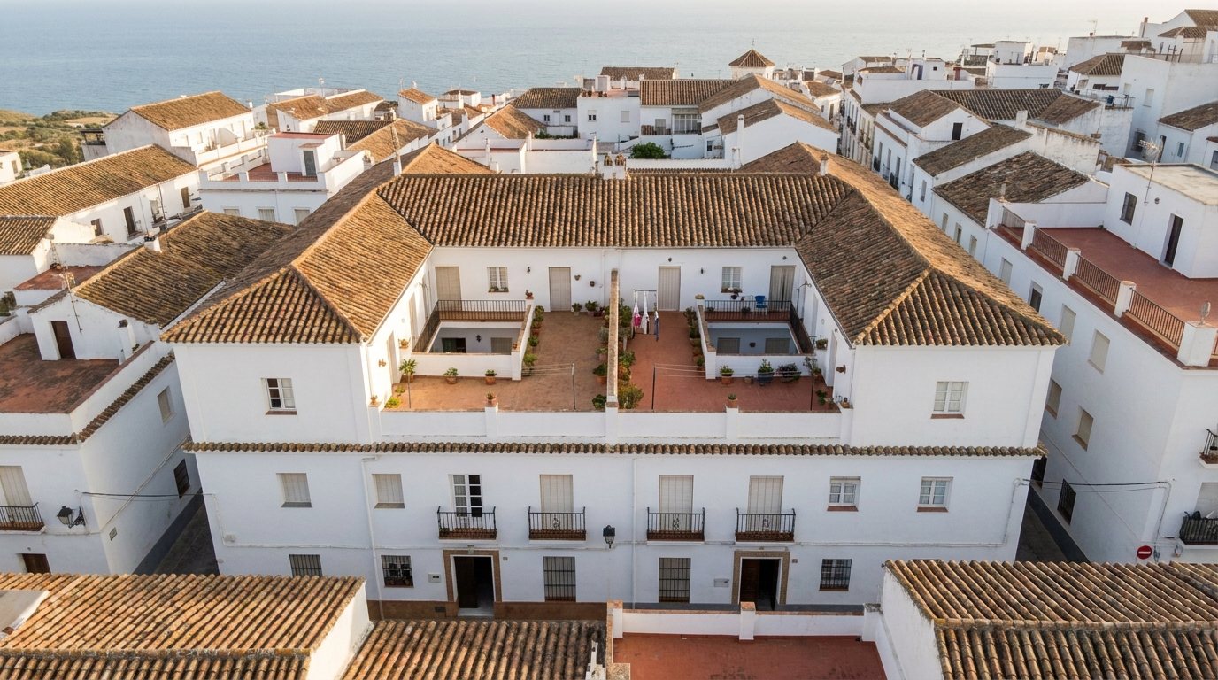 Casa andaluza encalada con patio central dividida en dos viviendas independientes