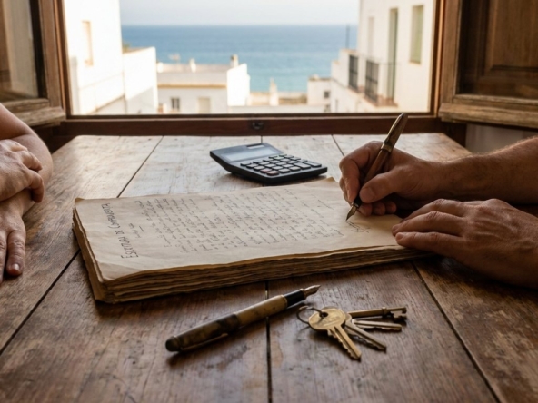 Firma de la escritura de compraventa de una vivienda en la notaría