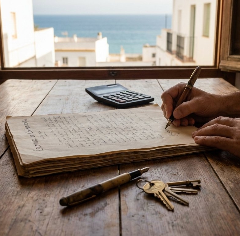 Firma de la escritura de compraventa de una vivienda en la notaría