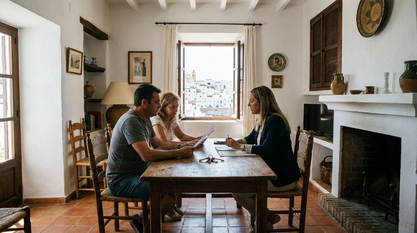 Dos hermanos revisan documentos y llaves de una vivienda heredada con un asesor inmobiliario